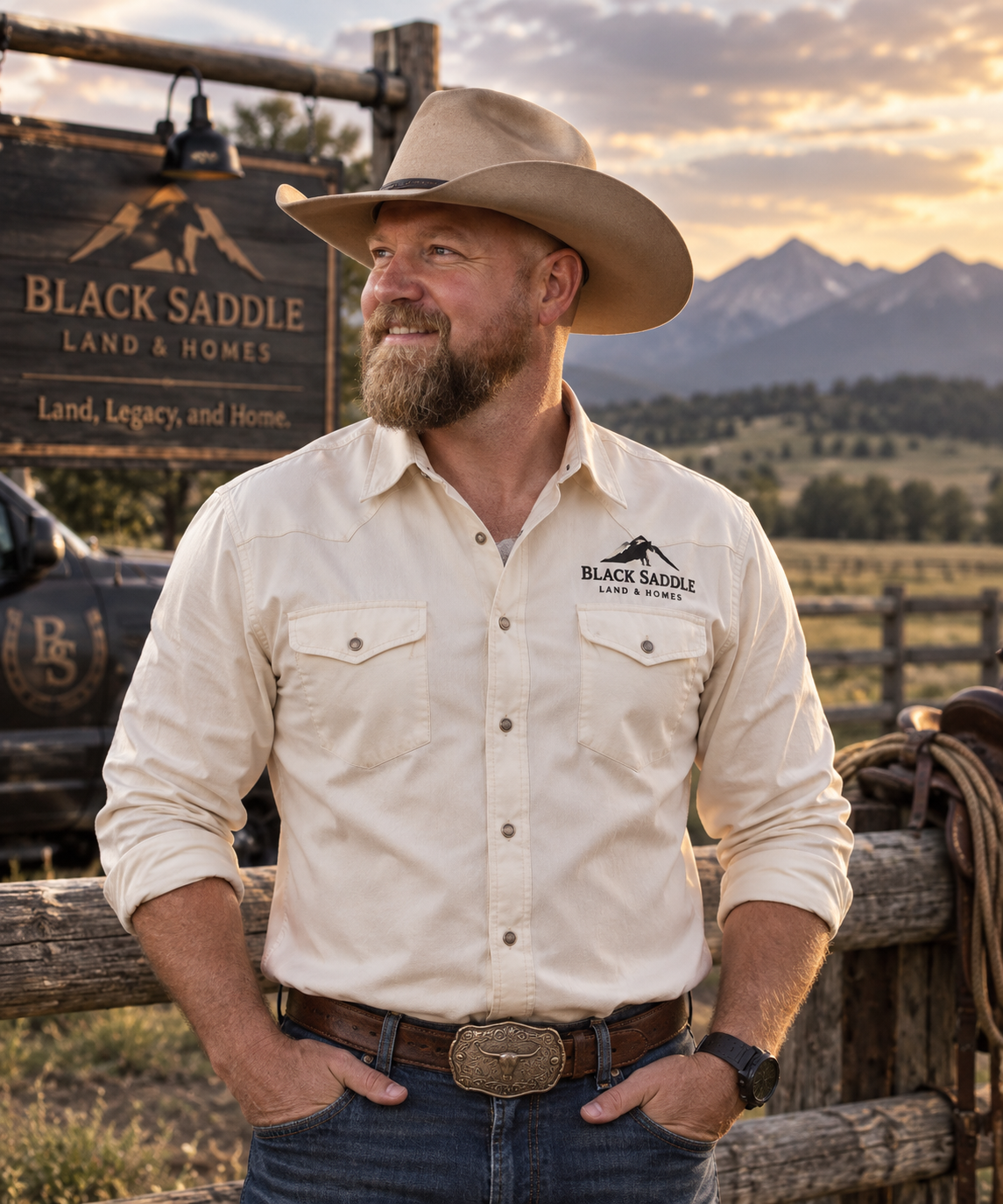 Jonathan Price of Black Saddle Land & Homes at a Colorado ranch with the mountains behind him.